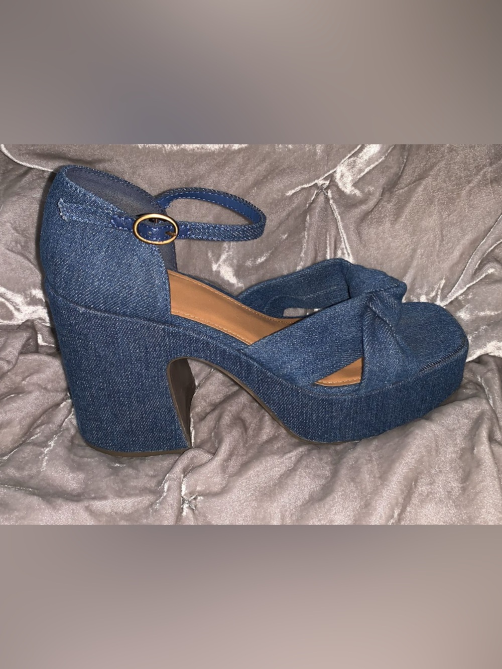 Anna Denim Knot Front Heeled Sandals in Blue